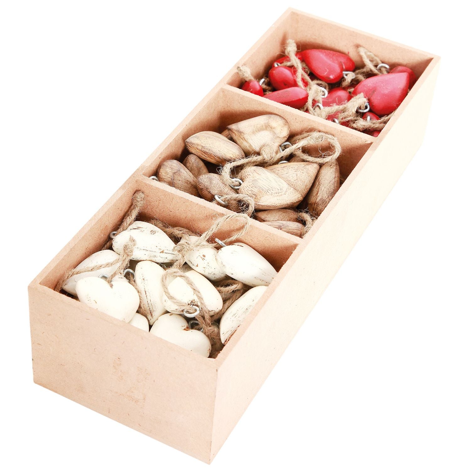 Box mit HerzHängern Dost - rot/weiß/natur - Holz - 90 tlg. - 25x15x15 cm