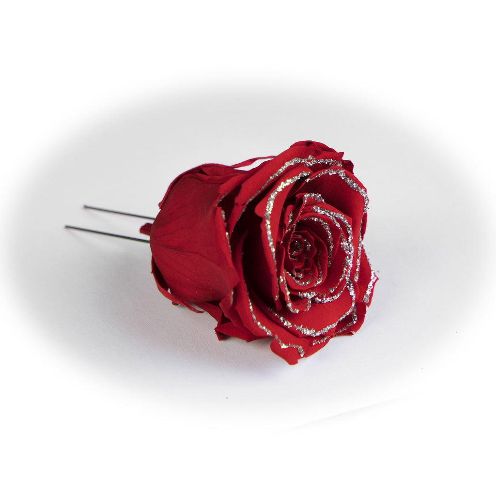 6er-Pack handgefertigte echte Christbaumschmuck-Rosen rot mit Glitzerrand