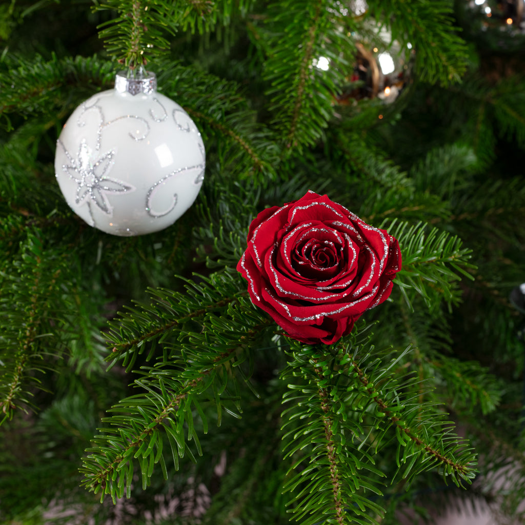 6er-Pack handgefertigte echte Christbaumschmuck-Rosen rot mit Glitzerrand