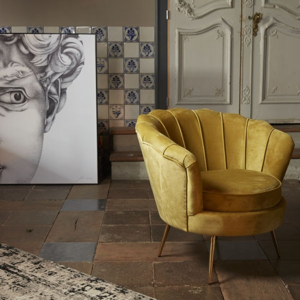 Audrey armchair, mustard yellow velvet/metal/wood, 82x75x79 cm