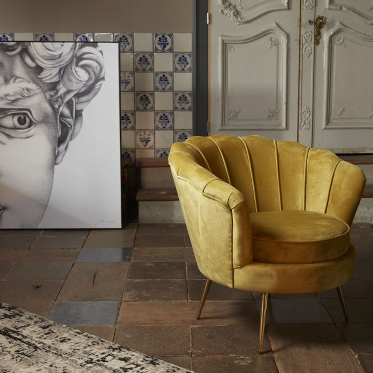 Sessel Audrey, senfgelb Samt/Metall/Holz, 82x75x79 cm