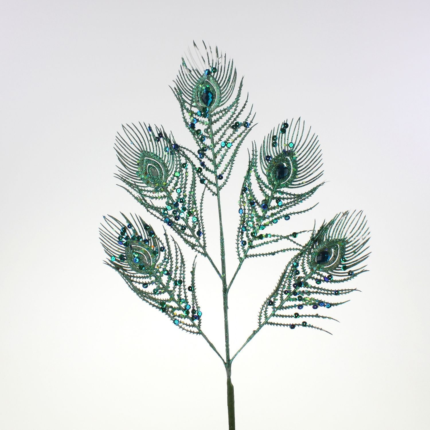 Branche décorative en plumes de paon, verte, plastique/papier/métal, L. 70 cm