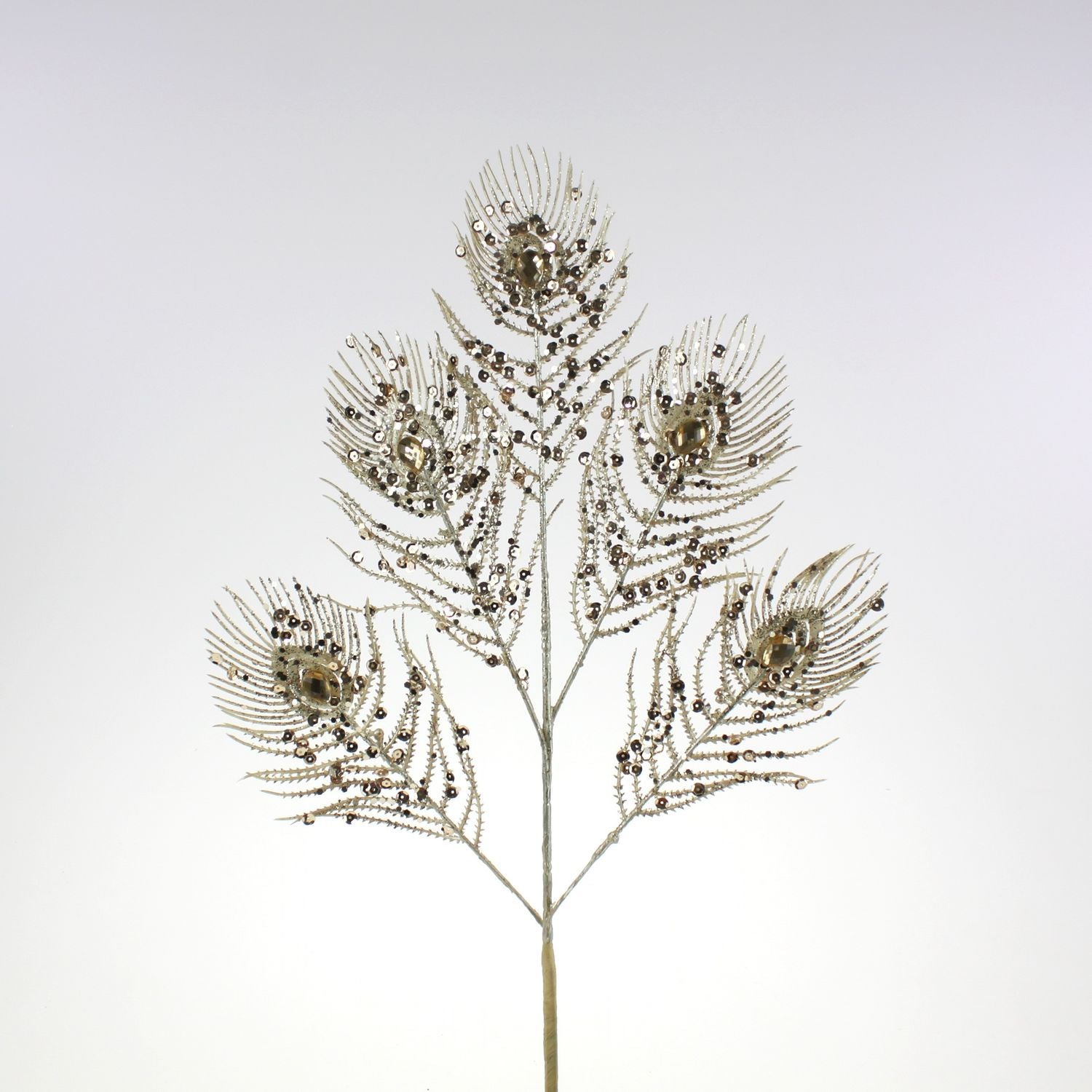 Branche décorative en plumes de paon, plastique/papier/métal couleur champagne, L. 70 cm