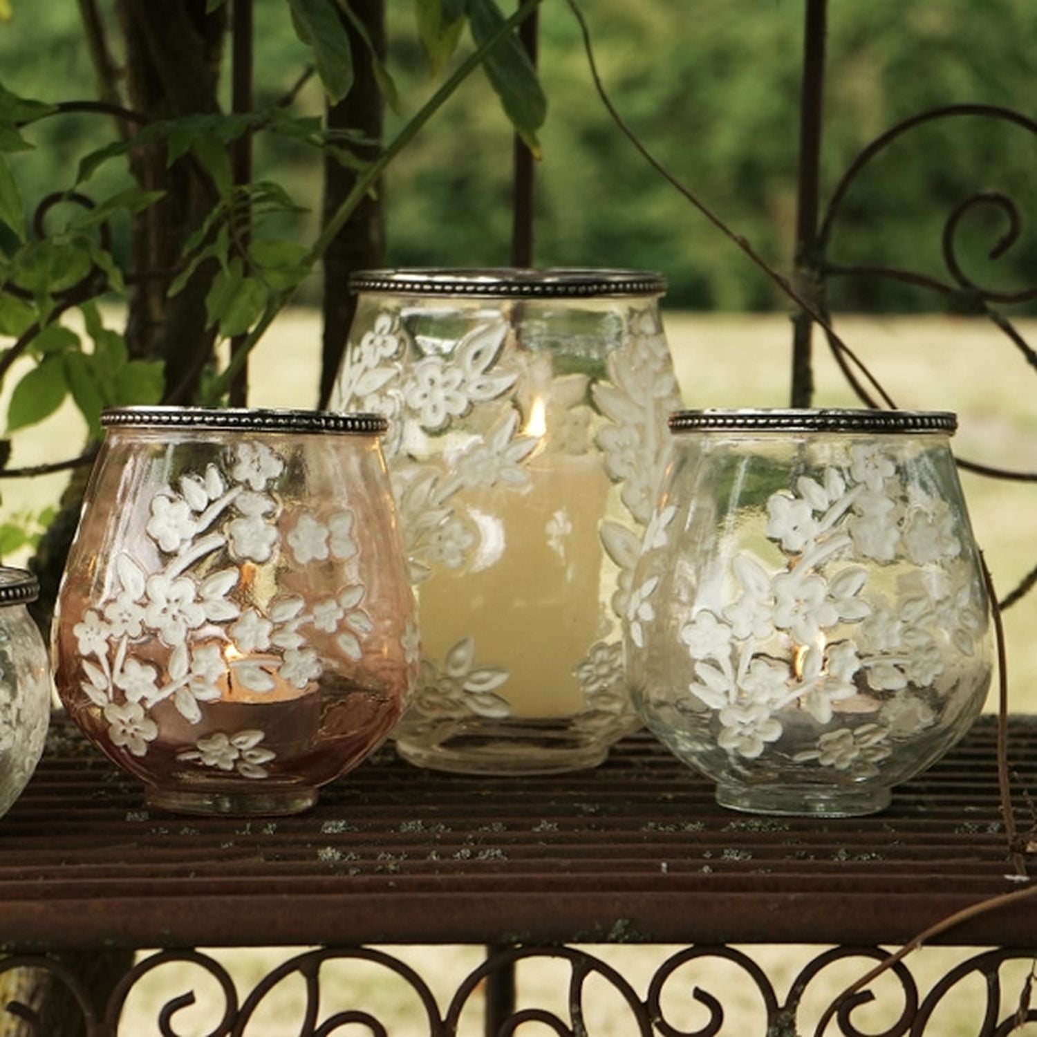Windlicht Sakura - klar/weiß - Glas/Metall - 12,5x13,5 cm