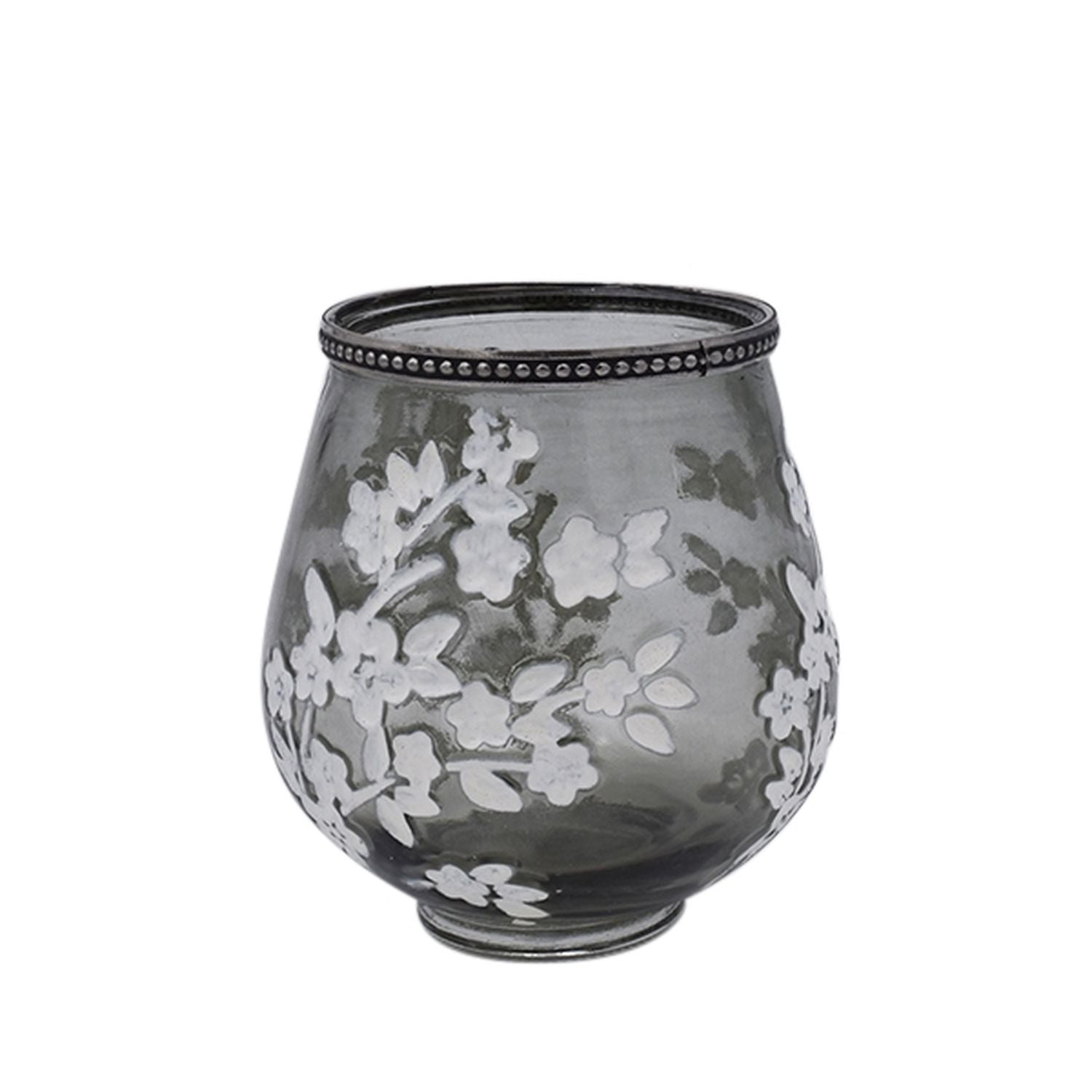 Windlicht Sakura - grau/weiß - Glas/Metall - 12,5x13,5 cm