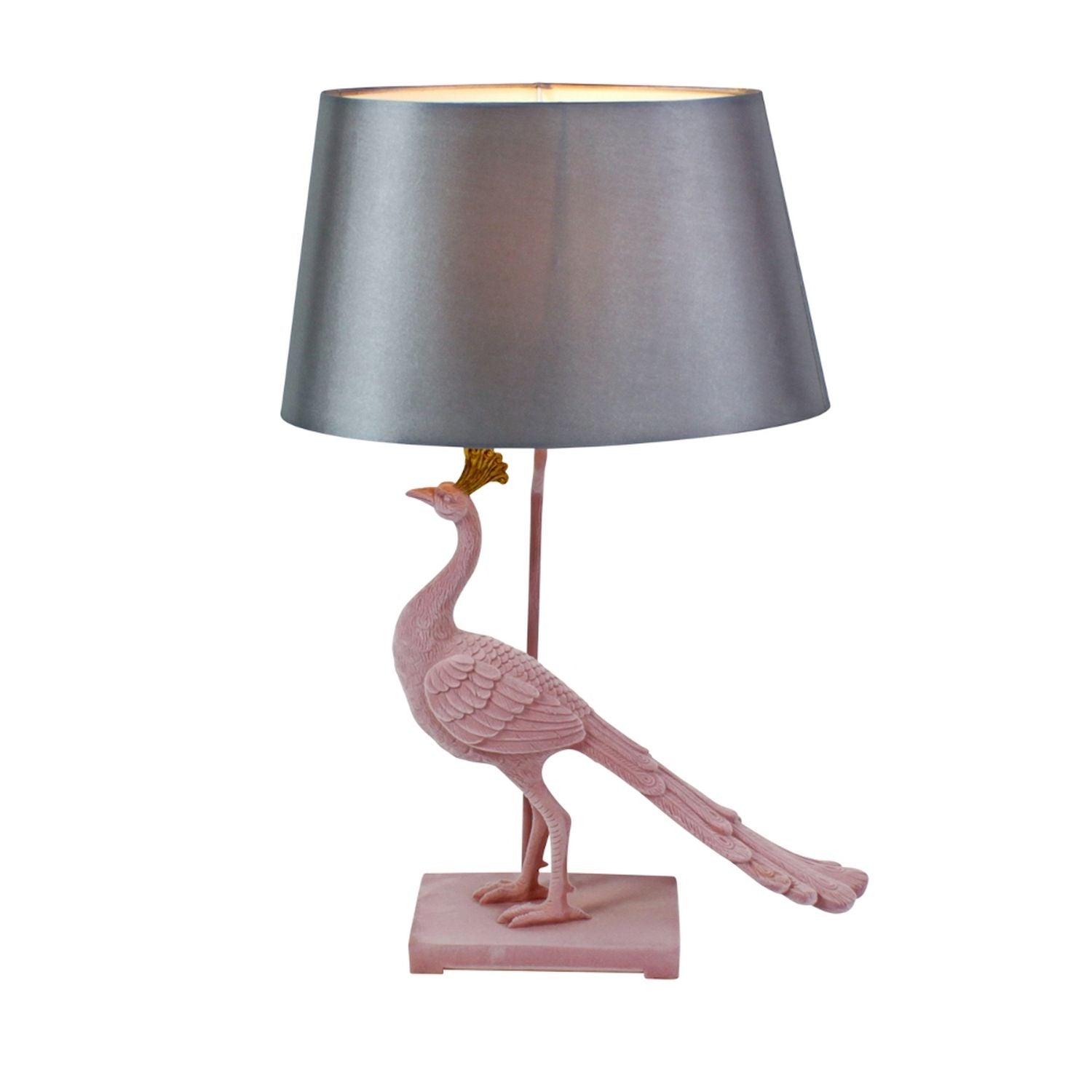 Tischleuchte Pfau Rosita, beflockt rosa/grau, Polyresin, 51x25,5x62 cm E27, 230-240 V, max. 60 W, 2 m Kabel