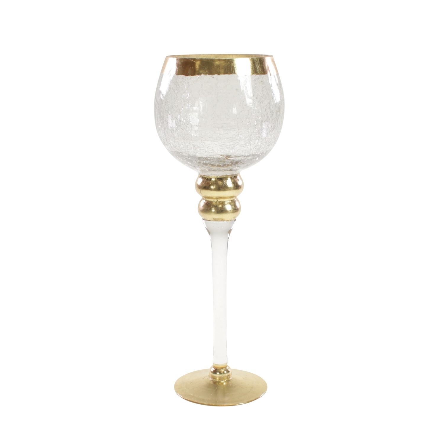 Tealight holder on stand - clear/gold - crackled - glass - 13x35 cm