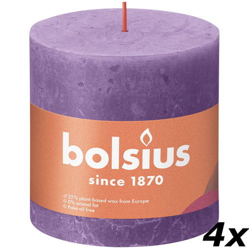 Lot de 4 bougies piliers - Hauteur 10 cm - Diamètre 10 cm - Style rustique - Violette fleurie