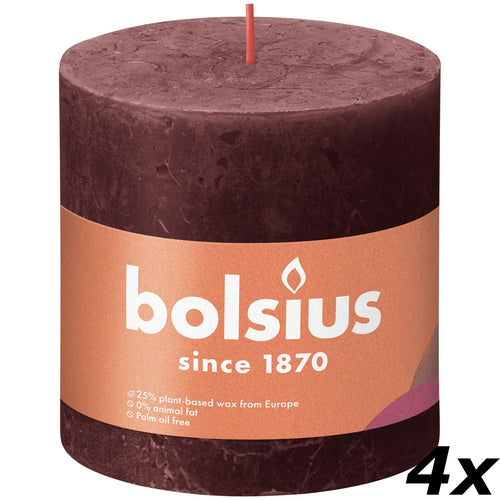 Lot de 4 bougies piliers - Hauteur 10 cm - Diamètre 10 cm - Style rustique - Rouge velours