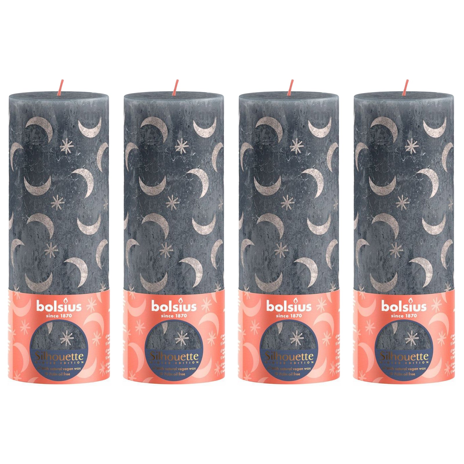 Set of 4 pillar candles - Height 19 cm - Diameter 6.8 cm - Rustic print - Slate blue - Moon and stars print