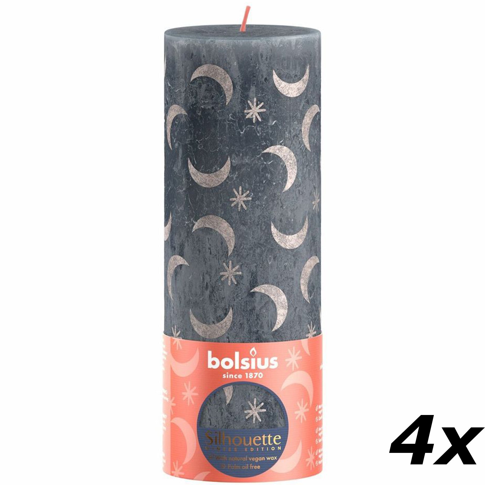 Set of 4 pillar candles - Height 19 cm - Diameter 6.8 cm - Rustic print - Slate blue - Moon and stars print