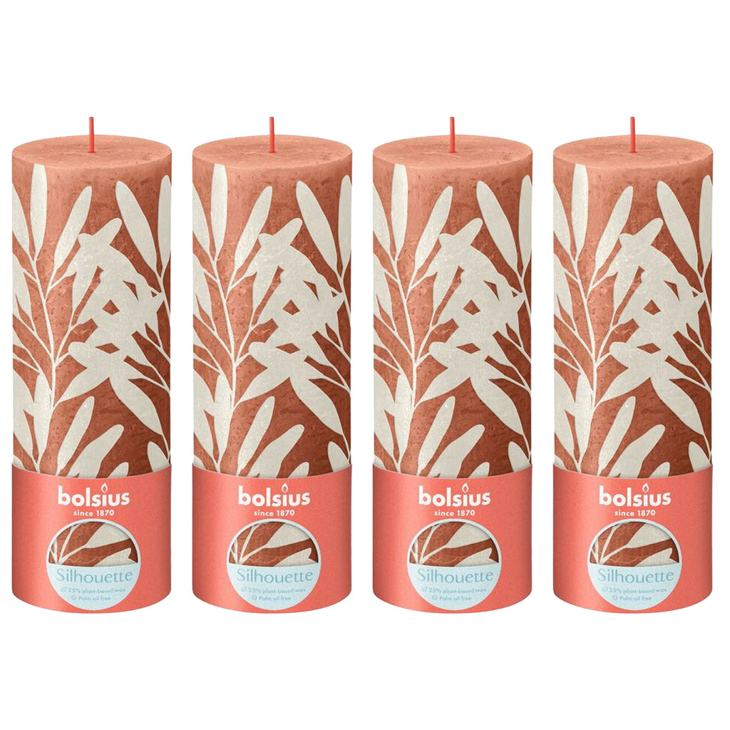 Set of 4 pillar candles - Height 19 cm - Diameter 6.8 cm - Rustic print - Rusty pink