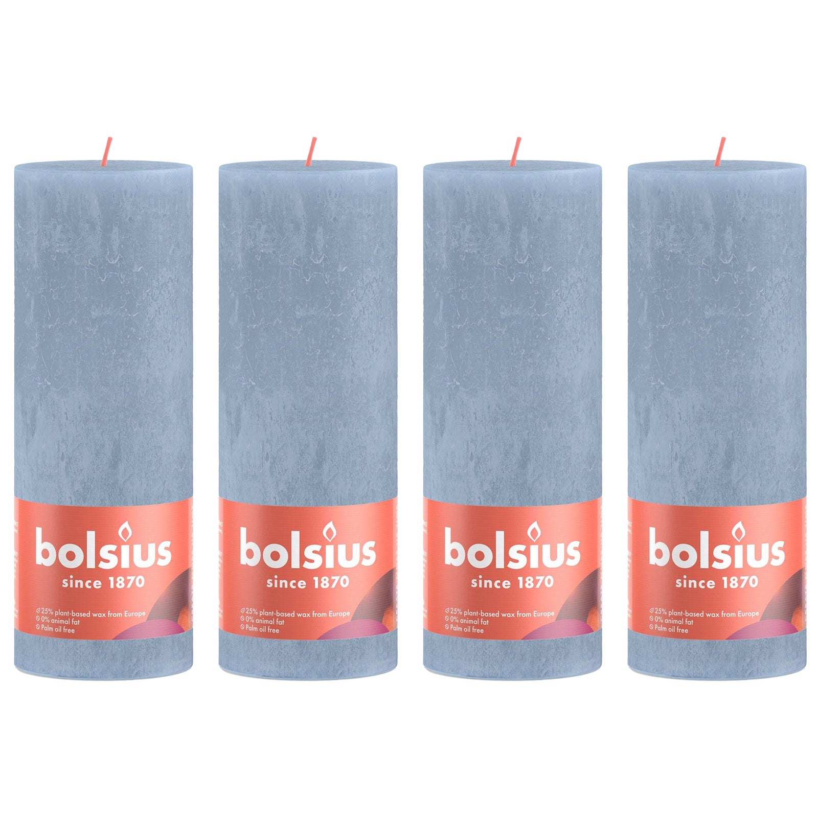 Lot de 4 bougies piliers - Hauteur 19 cm - Diamètre 6,8 cm - Style rustique - Bleu ciel
