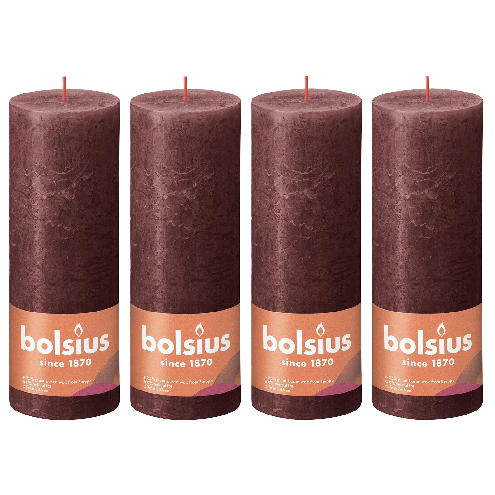 Ensemble de 4 bougies piliers - Hauteur 19 cm - Diamètre 6,8 cm - Style rustique - Rouge velours
