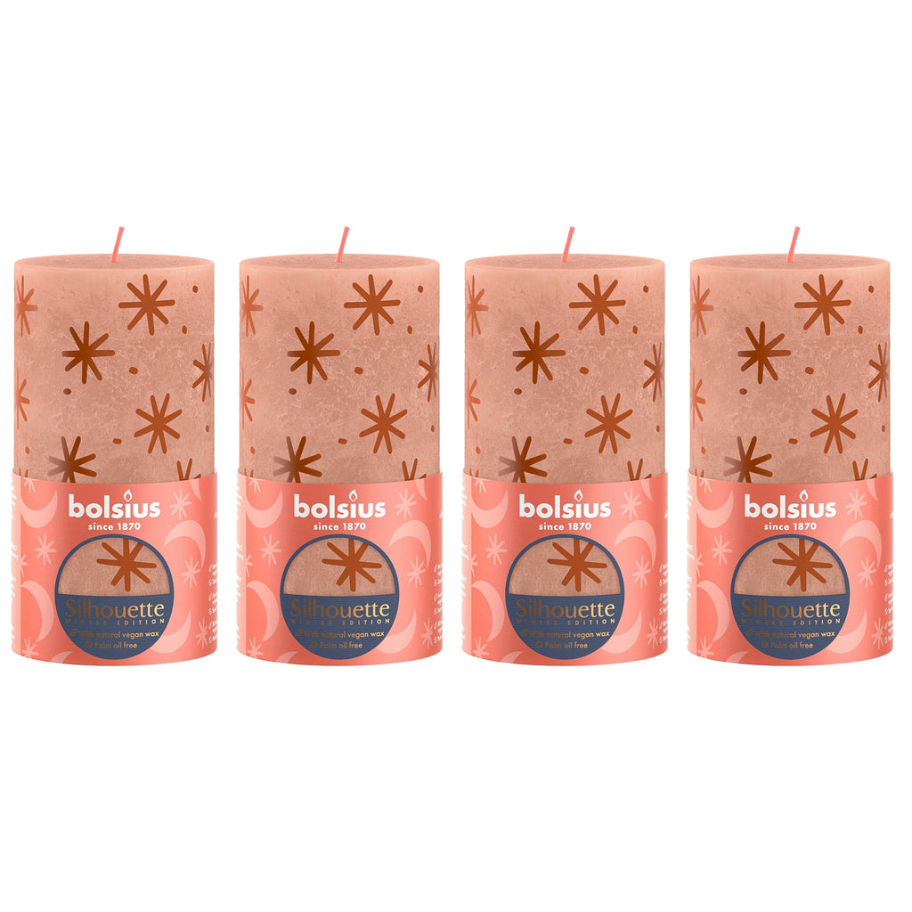 Lot de 4 bougies piliers - Hauteur 13 cm - Diamètre 6,8 cm - Motif rustique - Caramel crémeux - Étoiles
