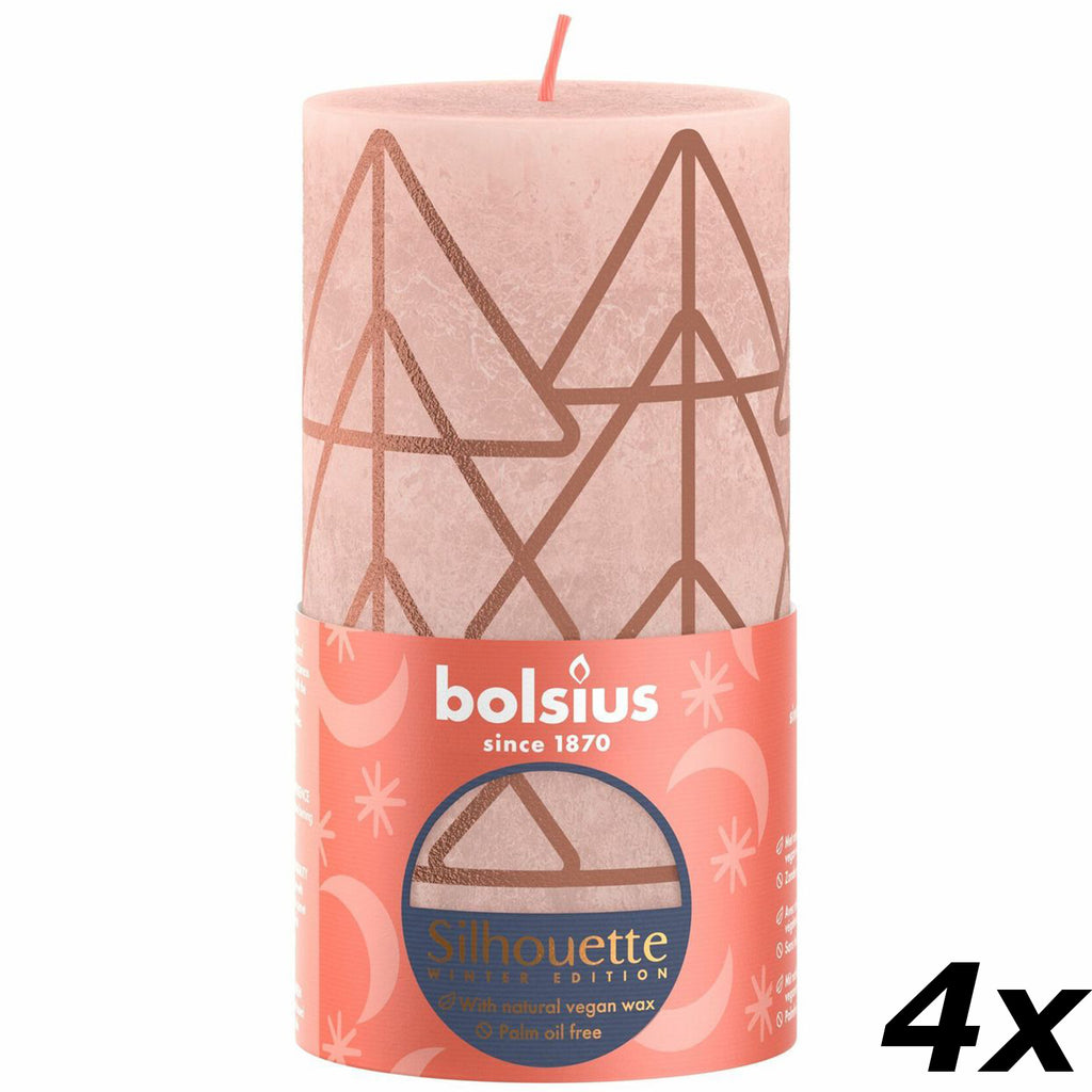 Lot de 4 bougies piliers - Hauteur 13 cm - Diamètre 6,8 cm - Motif rustique - Rose poudré - Arbre