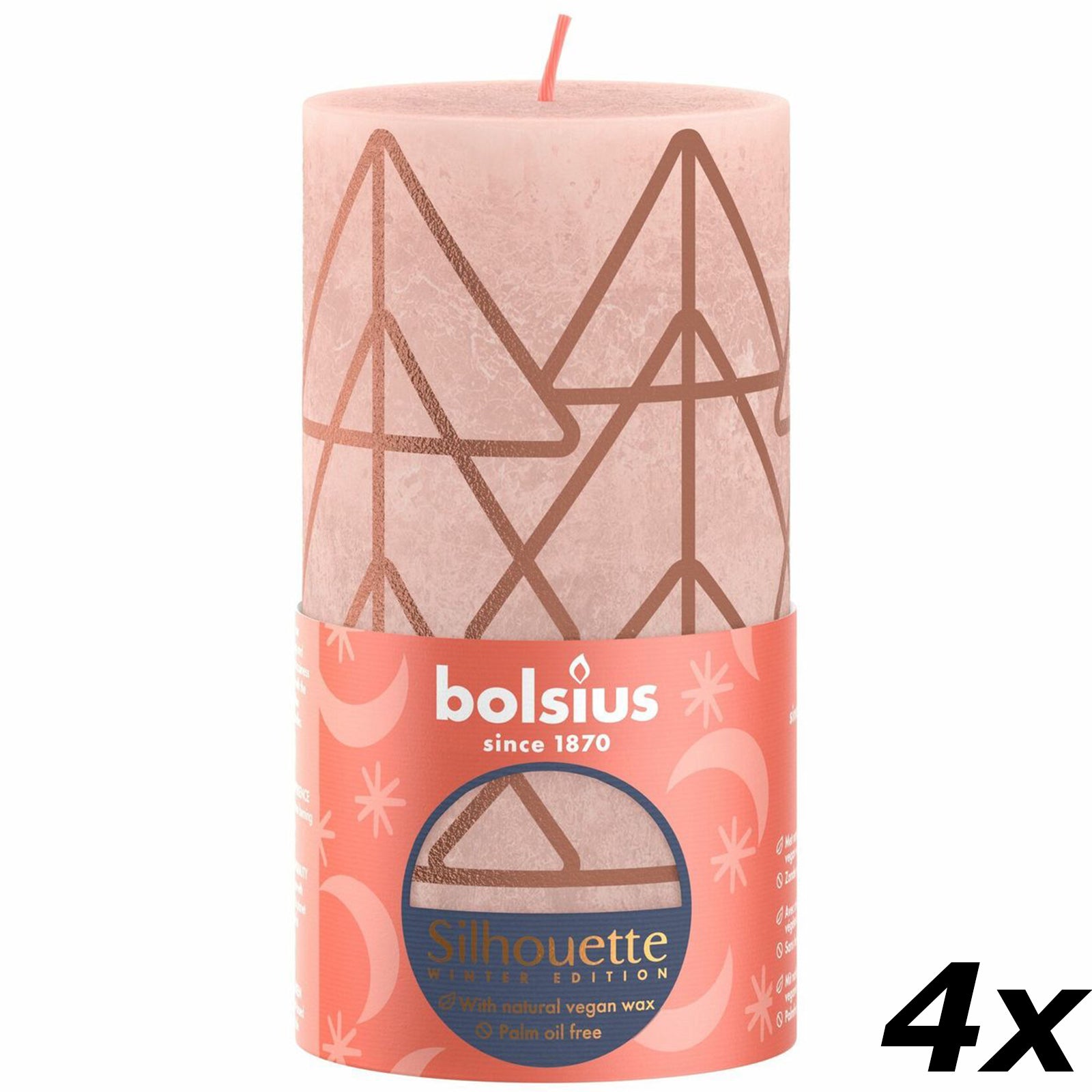 Lot de 4 bougies piliers - Hauteur 13 cm - Diamètre 6,8 cm - Motif rustique - Rose poudré - Arbre