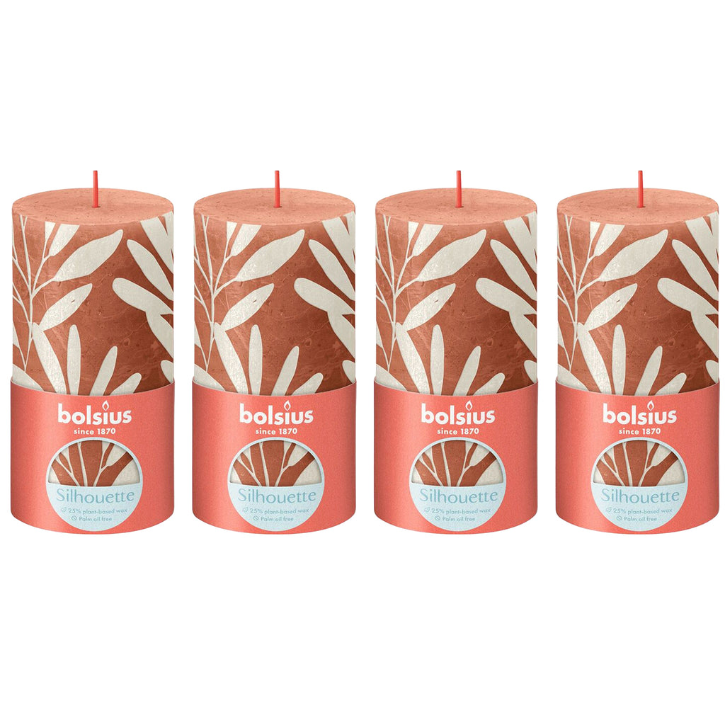 Set of 4 pillar candles - Height 13 cm - Diameter 6.8 cm - Rustic print - Rusty pink - Sage