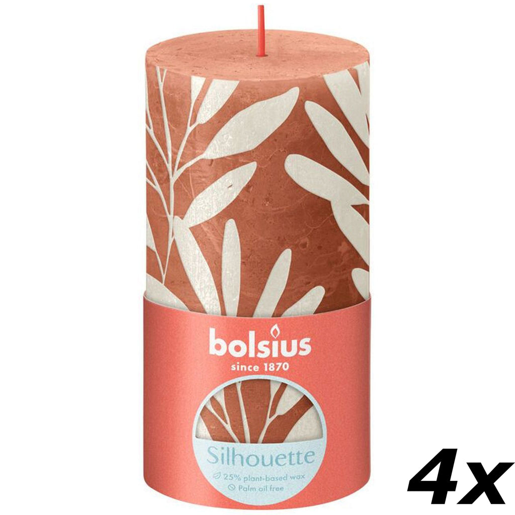 Set of 4 pillar candles - Height 13 cm - Diameter 6.8 cm - Rustic print - Rusty pink - Sage