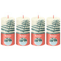 4er-Set Stumpenkerze - Höhe 13 cm - Durchmesser 6,8 cm - Rustik Print - Weiche Perle - Farn
