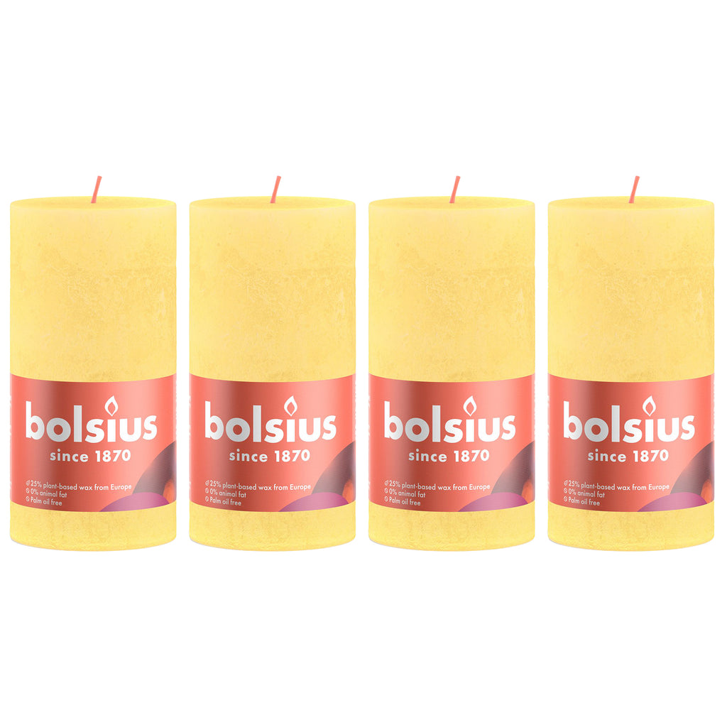 Set of 4 pillar candles - Height 13 cm - Diameter 6.8 cm - Rustic - Sunny yellow