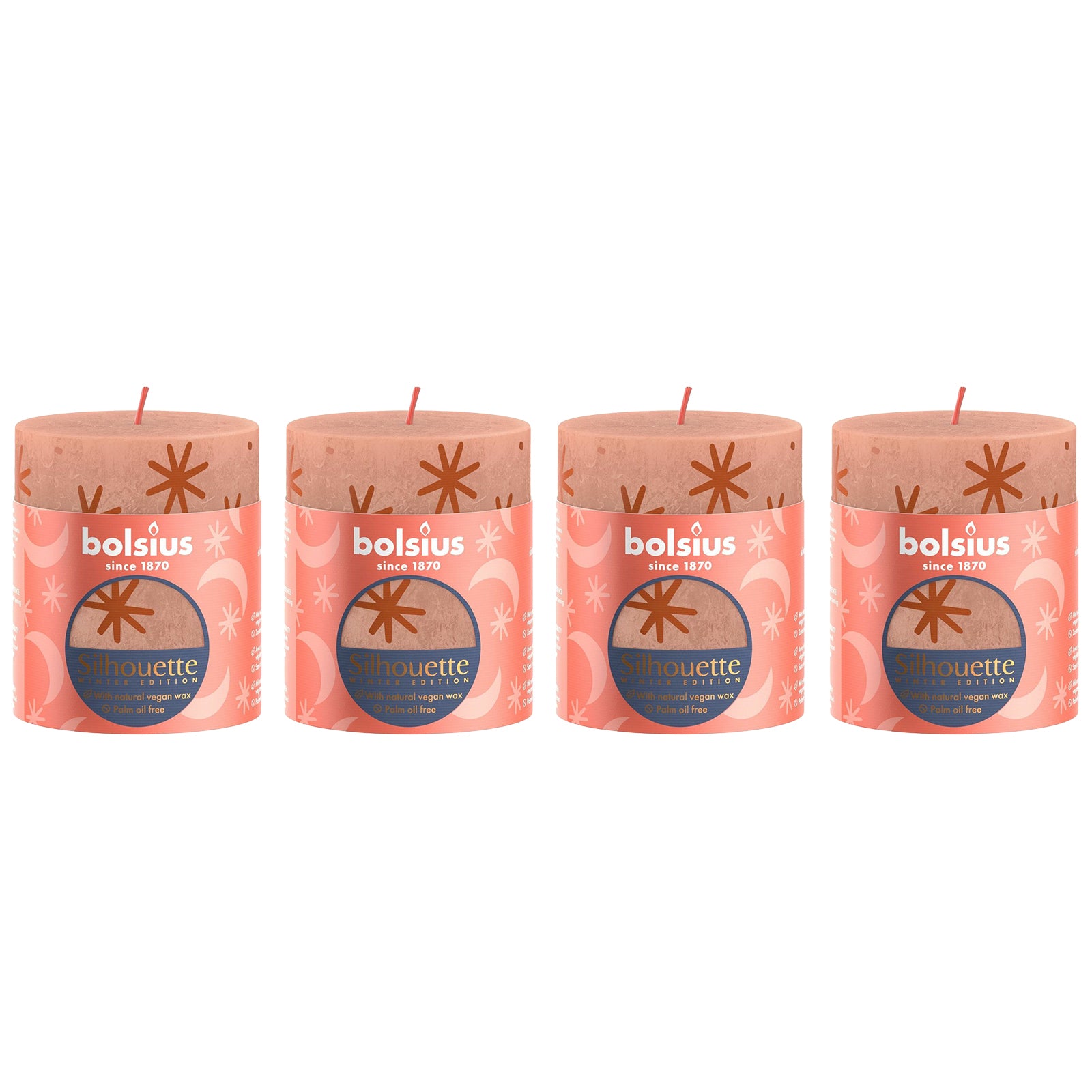 4er-Set Stumpenkerze - Höhe 8 cm - Durchmesser 6,8 cm - Rustik Print - Cremiges Caramel - Sterne