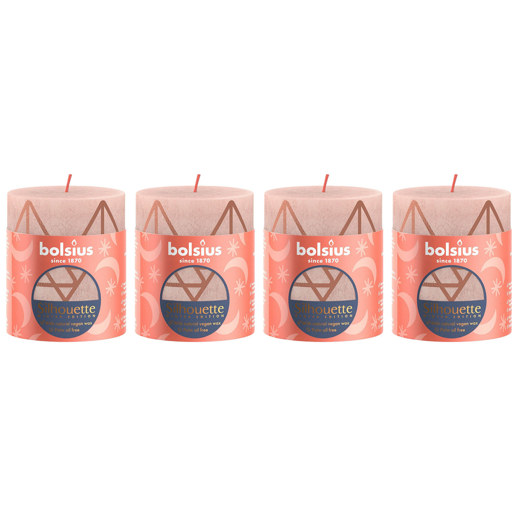 Set of 4 pillar candles - Height 8 cm - Diameter 6.8 cm - Rustic print - Misty pink - Tree