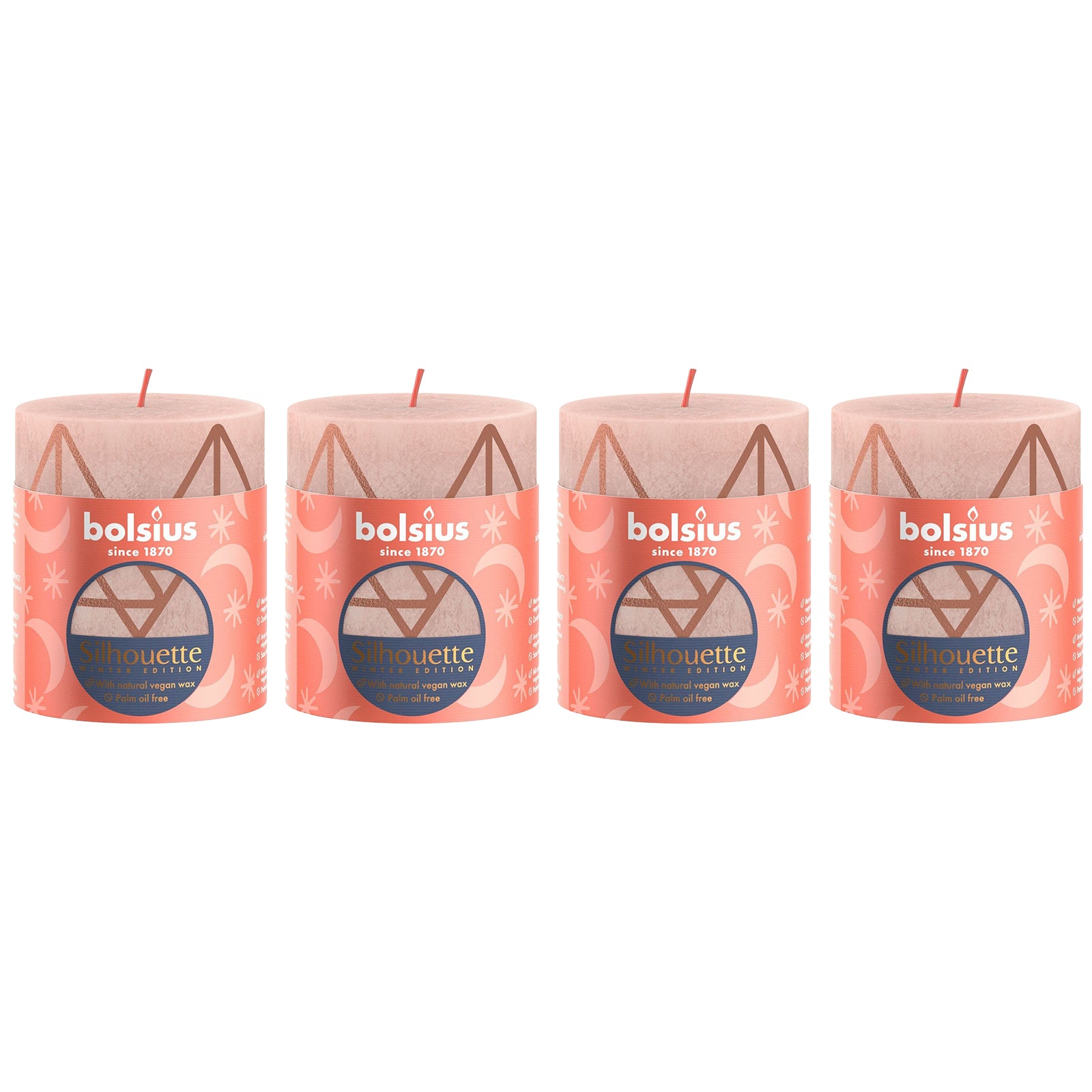Set of 4 pillar candles - Height 8 cm - Diameter 6.8 cm - Rustic print - Misty pink - Tree