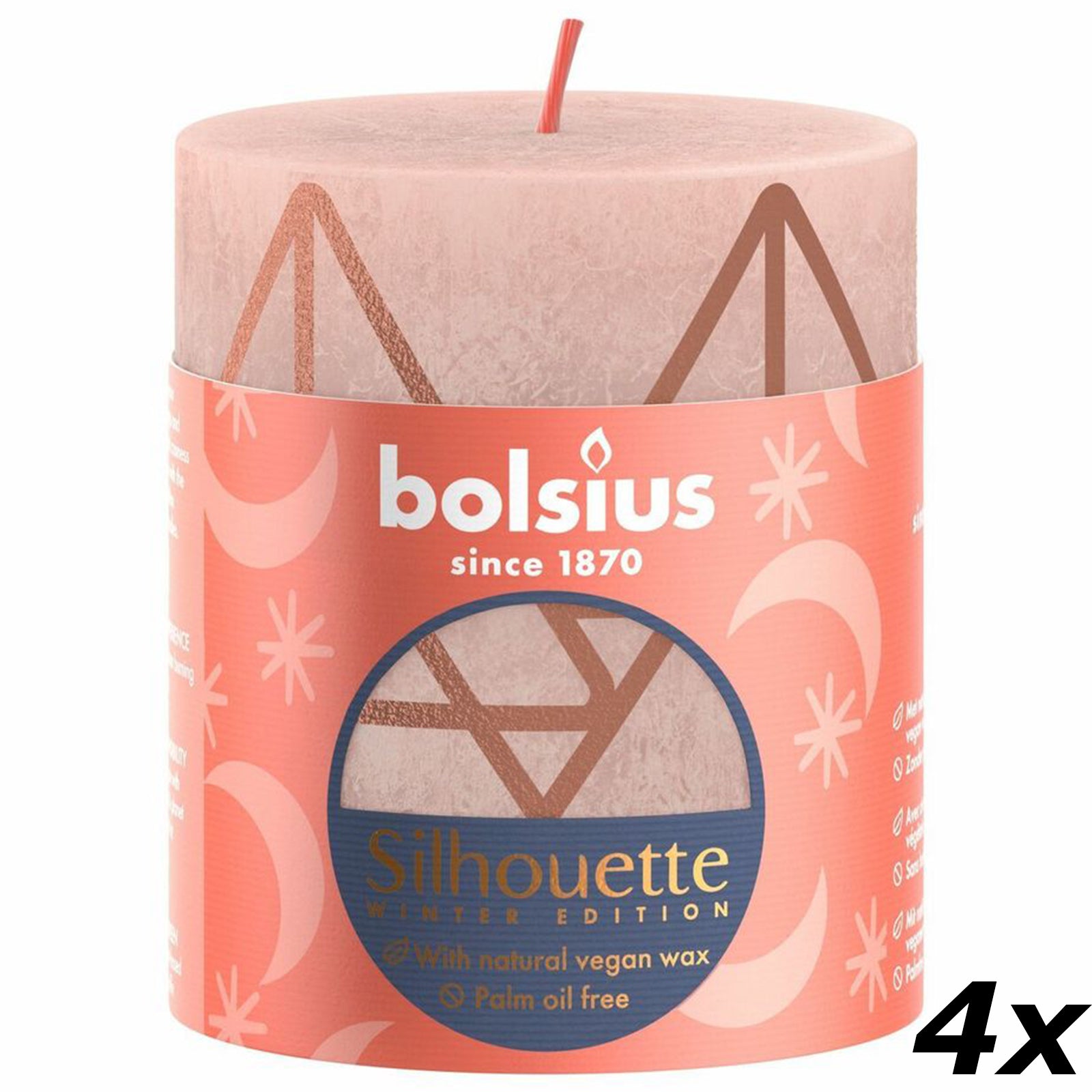 Set of 4 pillar candles - Height 8 cm - Diameter 6.8 cm - Rustic print - Misty pink - Tree