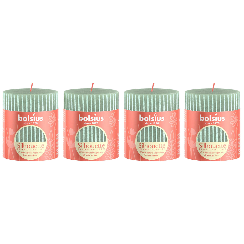 Lot de 4 bougies piliers - Hauteur 8 cm - Diamètre 6,8 cm - Motif rustique - Vert jade - Vague
