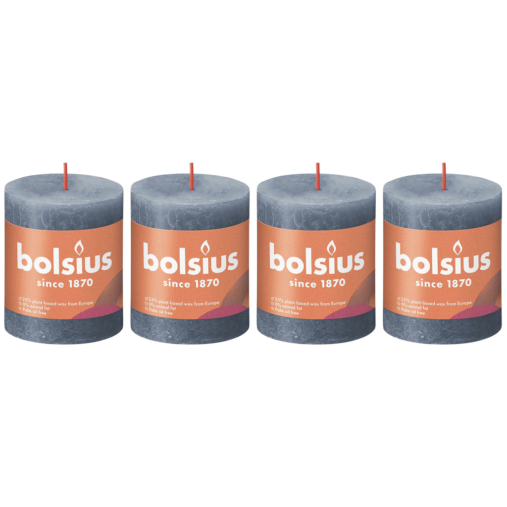 Lot de 4 bougies piliers - Hauteur 8 cm - Diamètre 6,8 cm - Style rustique - Bleu hortensia