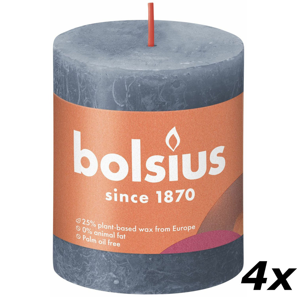 Lot de 4 bougies piliers - Hauteur 8 cm - Diamètre 6,8 cm - Style rustique - Bleu hortensia