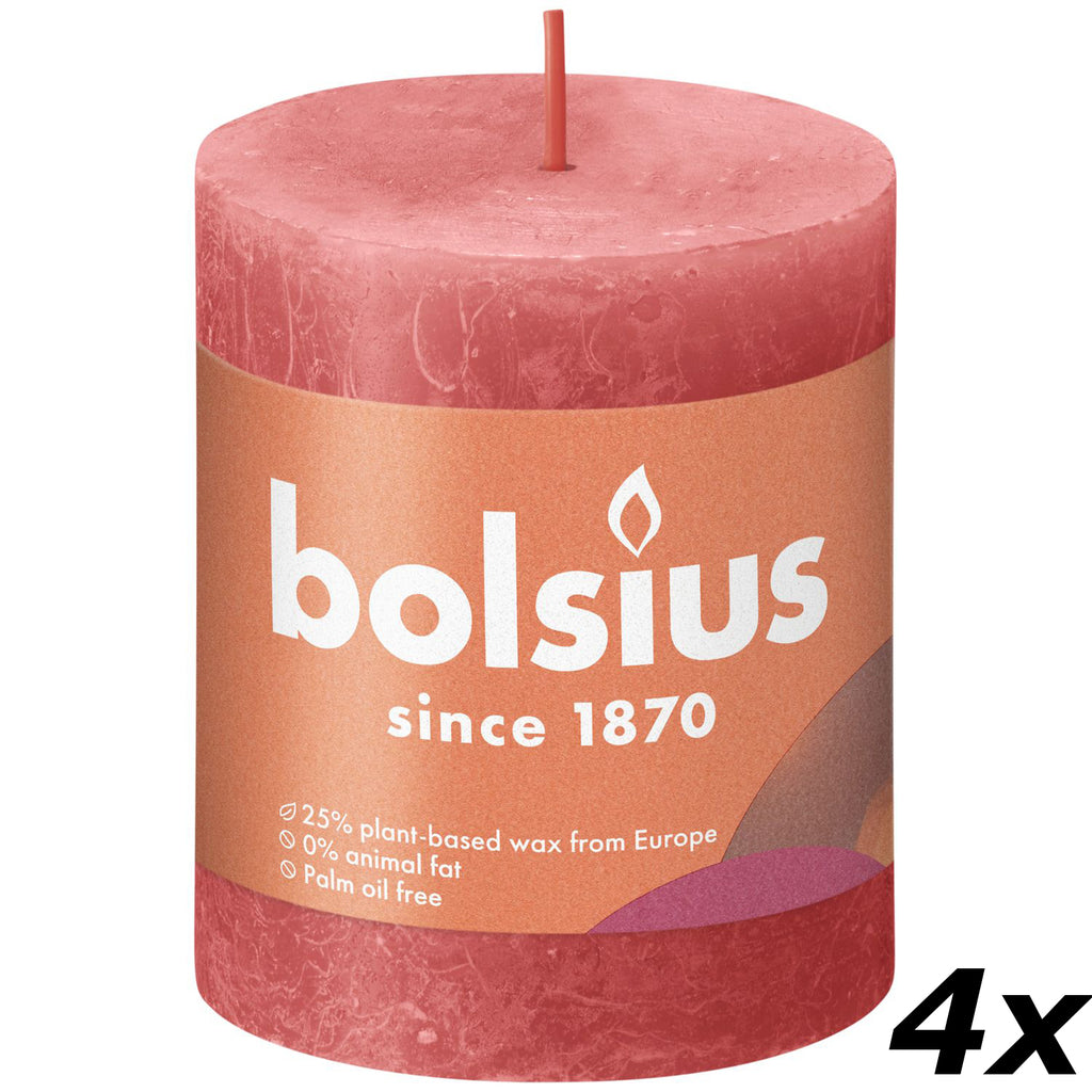 4er-Set Stumpenkerze - Höhe 8 cm - Durchmesser 6,8 cm - Rustik - Rosa Blüte