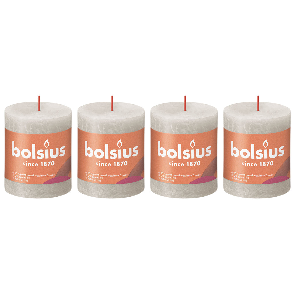 Lot de 4 bougies piliers - Hauteur 8 cm - Diamètre 6,8 cm - Style rustique - Gris sable