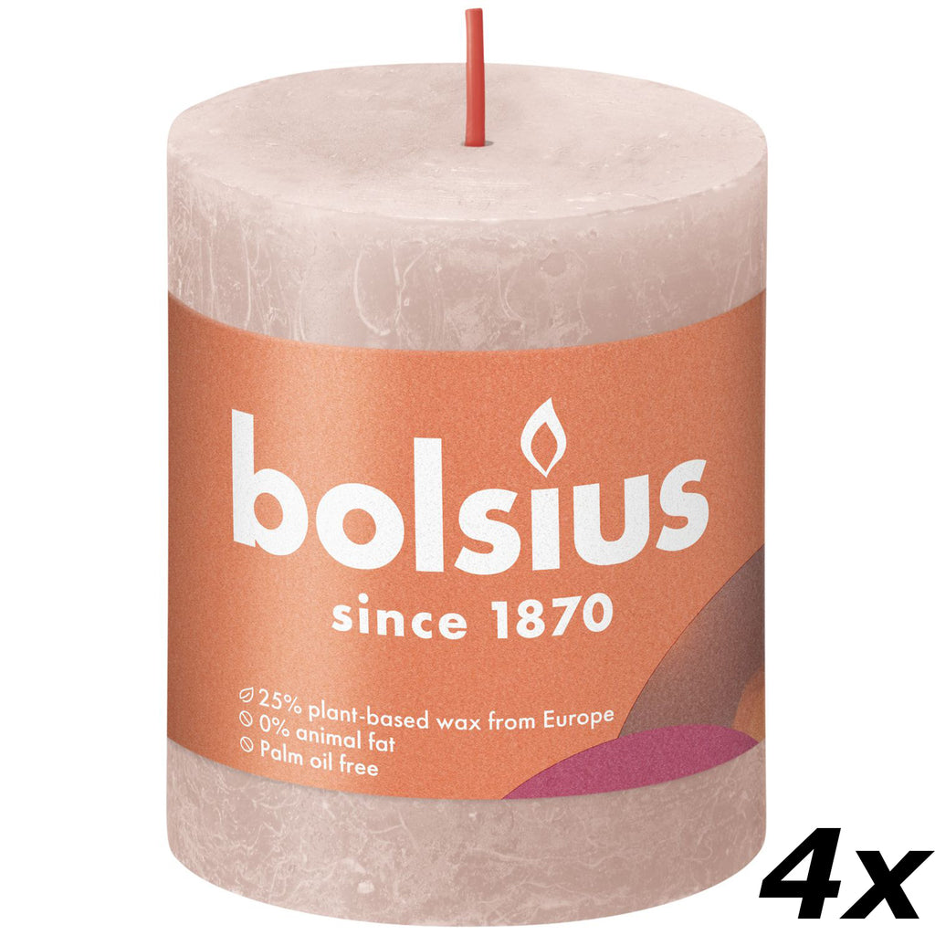 Lot de 4 bougies piliers - Hauteur 8 cm - Diamètre 6,8 cm - Style rustique - Rose brumeux