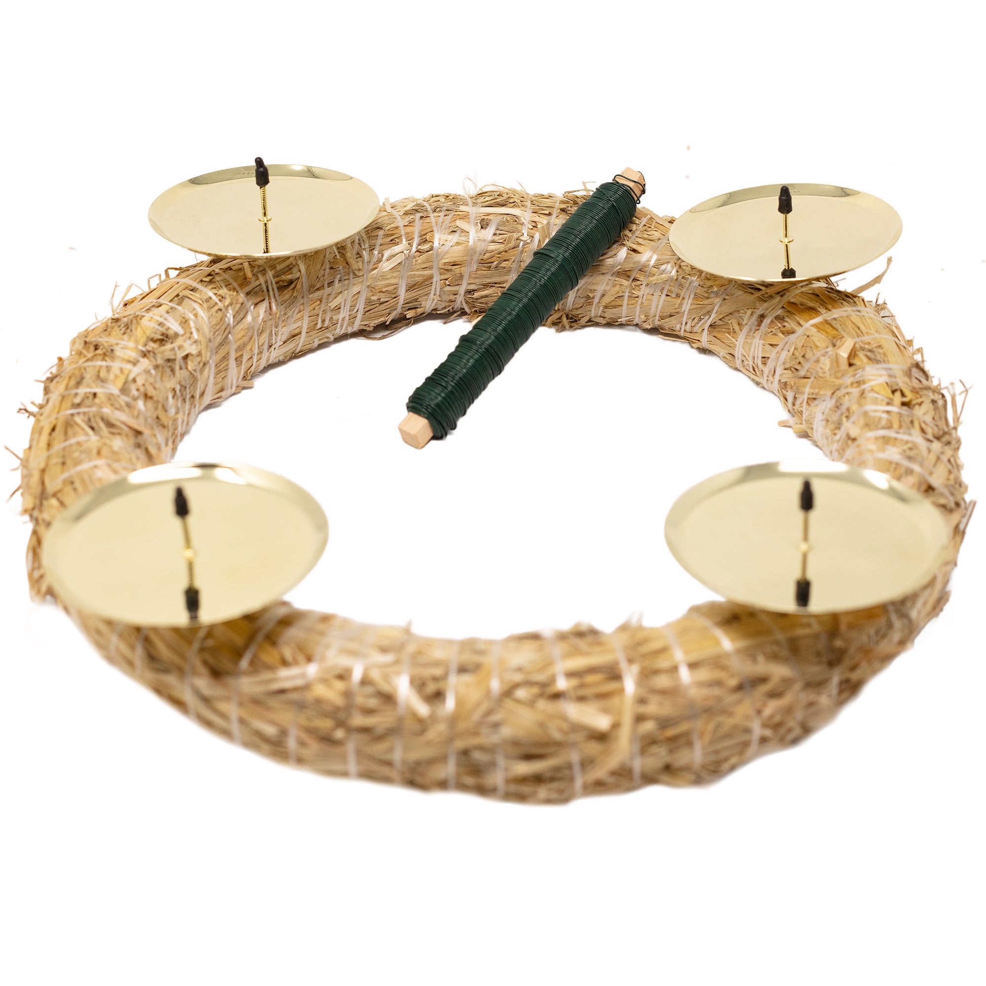 Adventskranz-DIY-Set inkl. Tannengrün - Inhalt: 1x Strohkranz 30 cm, 4x Kerzenhalter gold glänzend 8 cm, 1x Wickeldraht grün 100g, 1x Tannengrün (ca. 1,5 kg)