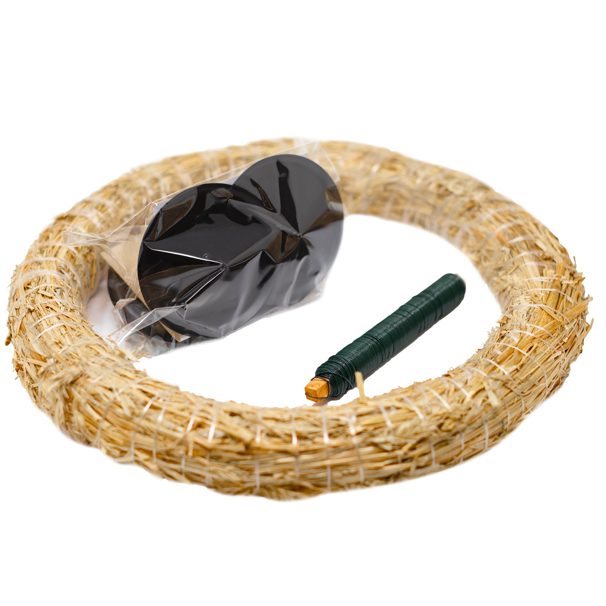 Adventskranz-DIY-Set inkl. Tannengrün - Inhalt: 1x Strohkranz 30 cm, 4x Kerzenhalter schwarz matt 8 cm, 1x Wickeldraht grün 100g, 1x Tannengrün (ca. 1,5 kg)