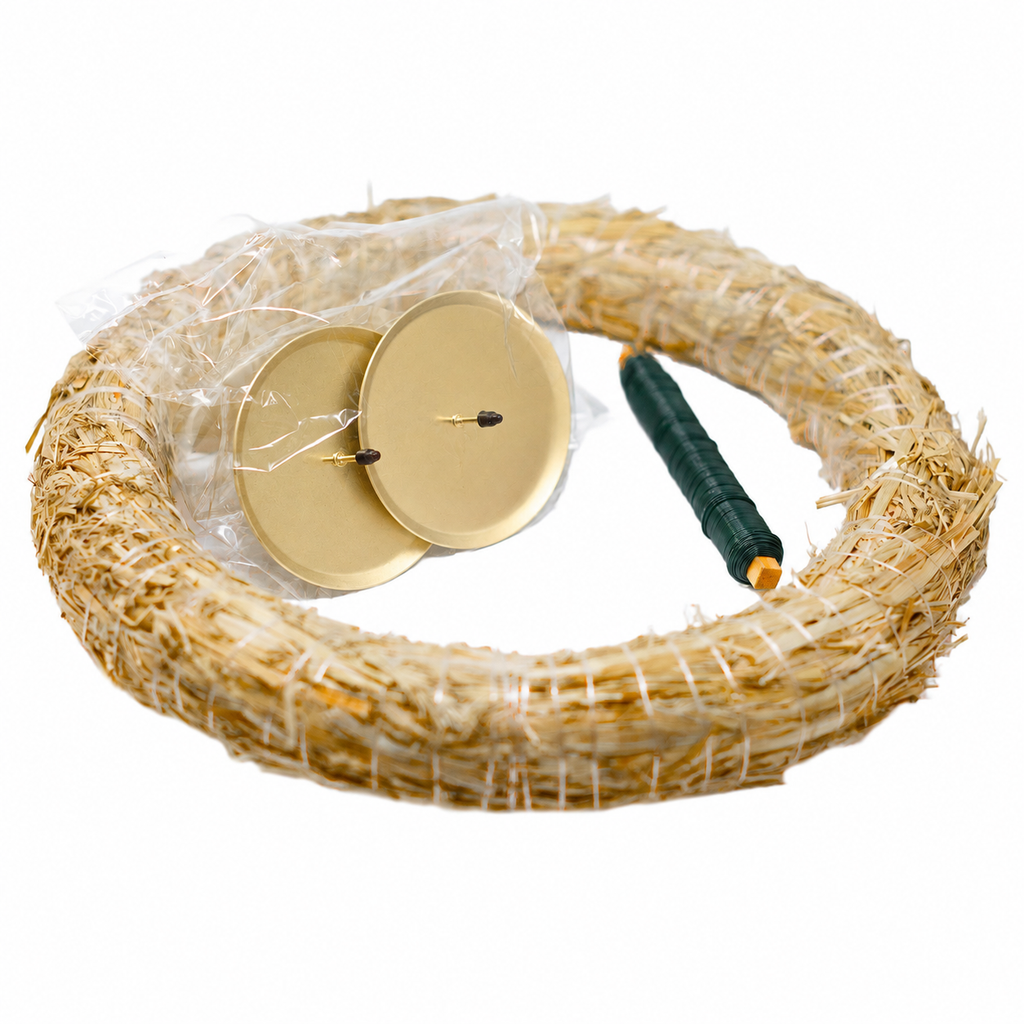 Adventskranz-DIY-Set - Inhalt: 1x Strohkranz 30 cm, 4x Kerzenhalter gold matt 8 cm, 1x Wickeldraht grün 100g