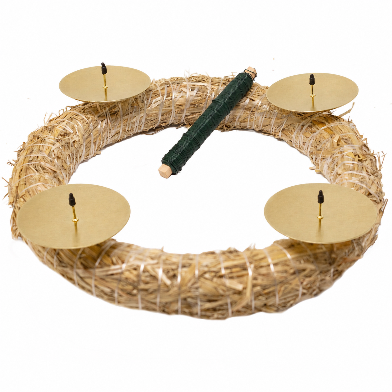 Adventskranz-DIY-Set - Inhalt: 1x Strohkranz 30 cm, 4x Kerzenhalter gold matt 8 cm, 1x Wickeldraht grün 100g